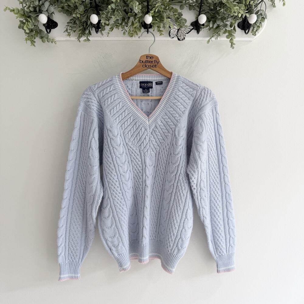 Vintage Pastel Blue Cable Knit V Neck Academia Sweater Preppy Country Club m